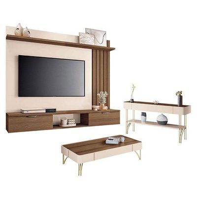 Painel Suspenso Lets Castanho Off White Com Mesa De Centro Cadenza E Aparador Vivant Off White Castanho - Hb Móveis