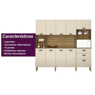 Armário de Cozinha Compacto Toronto 10 Portas 2 Gavetas Madeira Freijó Nero