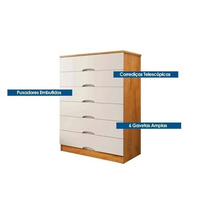 Cômoda de Quarto Sevilha 6 Gavetas MDF MDP Puxador Cava Peroba Europa
