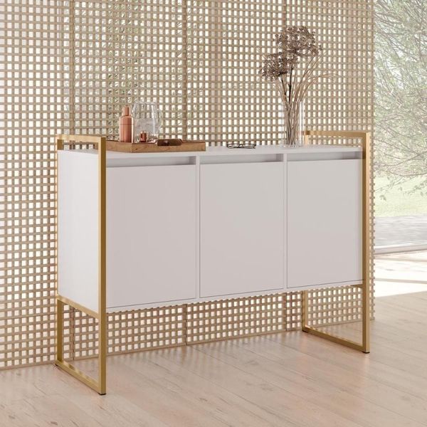 Aparador Buffet Industrial 3 Portas Sala De Estar Branco Dourado