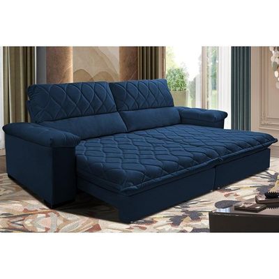 Sofá Retrátil E Reclinável 2,35m Molas Ensacadas Cama Inbox Big Home Com Bordado 3d Velusoft Azul