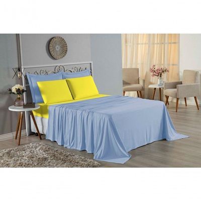 Jogo De Cama Casal Viúva Nobre 4 Peças Malha 100% Algodão - Azul-bebê / Amarelo