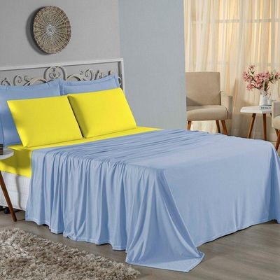 Jogo De Cama Casal Viúva Nobre 4 Peças Malha 100% Algodão - Azul-bebê / Amarelo