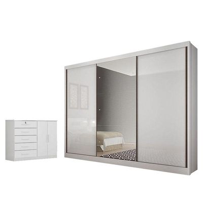 Guarda Roupa Casal Sonetto Com Espelho E Cômoda Seul Neve - Novo Horizonte