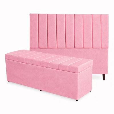 Kit De Quarto Roma Cabeceira De Cama Box E Calçadeira Baú Casal 140 Cm Suede Rosa Eli Móveis E Decoração