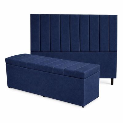 Kit De Quarto Roma Cabeceira De Cama Box E Calçadeira Baú King 195 Cm Suede Azul Marinho Eli Móveis E Decoração