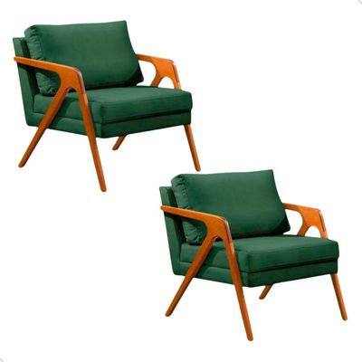 Kit 02 Poltronas Decorativa Mona Luxo Base De Madeira Maciça Sala Recepção Veludo Verde Do Lar Móveis E Decoração