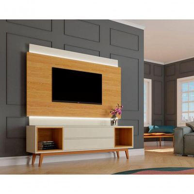 Rack Com Painel Delux 1.8 Com Led Off White Com Nature - Moveisaqui