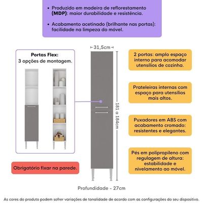 Paneleiro Armário De Cozinha 31,5cm 2 Portas Flex Pequim Multimóveis Mp2382 Branco/lacca Fumê