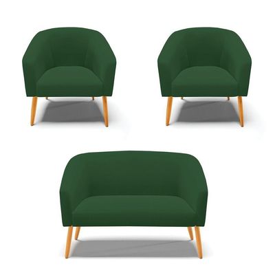 Kit 1 Namoradeira E 02 Poltronas Verde Pés Palito Castanho