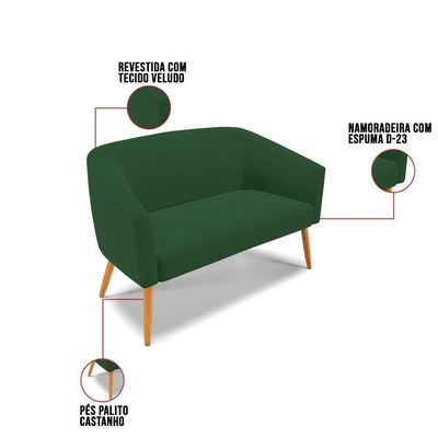 Kit 1 Namoradeira E 02 Poltronas Verde Pés Palito Castanho