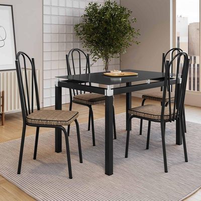 Kit Conjunto Mesa de Jantar Malva Base 4118 4 Lugares Tampo Vidro com Assento Rattan Preto