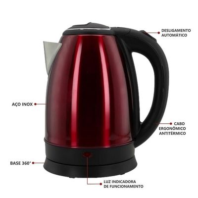 Chaleira Elétrica 1,8l em Inox Vermelha 1500W com Capacidade de 1,8 Litros 220V