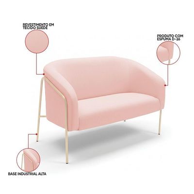 Sofá 2 Lugares Namoradeira Stella Industrial Alta Champanhe Suede D03 - D'rossi Cor Rosa Bebê