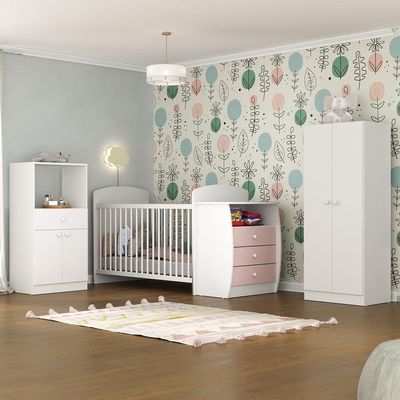 Quarto Infantil Com Berço-cômoda E Colchão Incluso Laura Multimóveis Branco/rosa