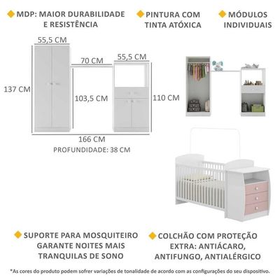 Quarto Infantil Com Berço-cômoda E Colchão Incluso Laura Multimóveis Branco/rosa