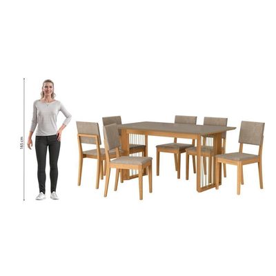 Conjunto Sala De Jantar Dora Em Madeira Maciça 6 Cadeiras Linho Fendi