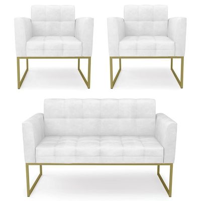 Sofá Namoradeira E 2 Poltronas Base Industrial Dourado Ana Sintético Pu Branco - Ibiza