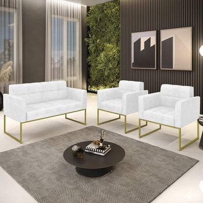 Sofá Namoradeira E 2 Poltronas Base Industrial Dourado Ana Sintético Pu Branco - Ibiza