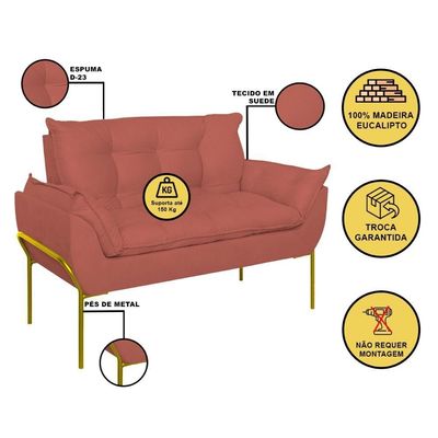 Poltrona Sofá Luxo Base Metal Dourado Recepção Escritório Rosa