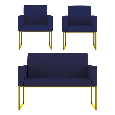Kit Sofá 2 Lugares + 2 Poltronas Recepção Sala Base Dourada Cor:azul Marinho Azul Marinho