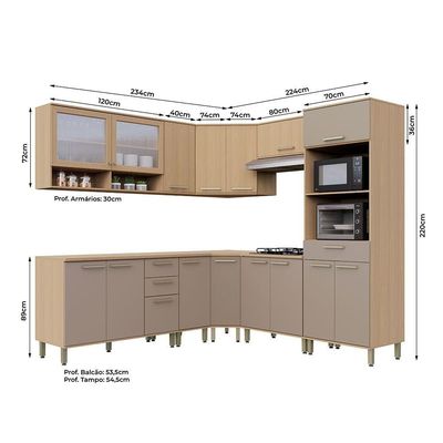 Cozinha Completa 100% Mdf De Canto 9 Peças Com Tampo Freijó-cinammon