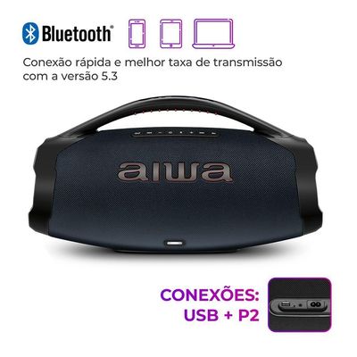 Caixa de Som Boombox Plus Aiwa 200W BT 30H IP66 USB RGB com Luzes AWS-BBS-01-LBL Bivolt