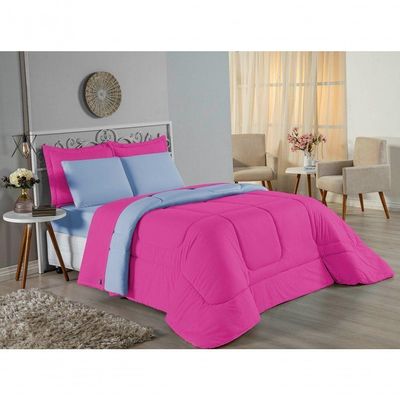 Edredom Solteiro Nobre 1 Peça Dupla Face 1,60m X 2,40m Malha 100% Algodão - Pink / Azul-bebê