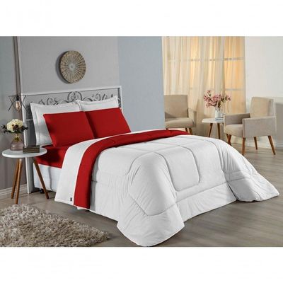 Kit Edredom Dupla Face + Jogo De Lençol Solteiro Nobre 5 Peças Malha 100% Algodão - Branco / Vermelho