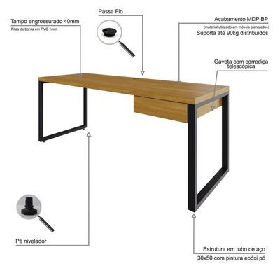Mesa Presidente C-01 Gav. 190x70x75cm Yon - Acácia Mel-est.preta Acácia Mel-est.preta