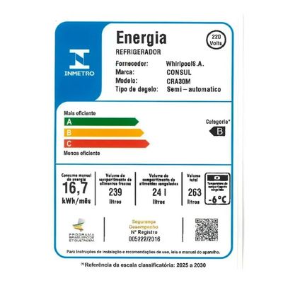 Refrigerador CRA30MB 263L Degelo Seco 1 Porta 220V Consul Branco / 220V