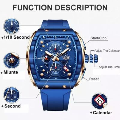 Relógios Masculino Lige 89148 Quadrado Esportivo Azul
