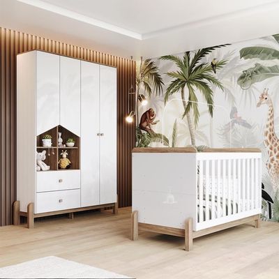 Jogo De Quarto Infantil Ternura Branco-jequitibá Com Guarda Roupa E Berço - Móveis Henn Branco-jequitibá