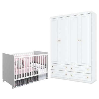 Berço Nacional Mel Branco Acetinado - Reller E Guarda Roupa Infantil Americano 4 Portas Branco Hp - Henn