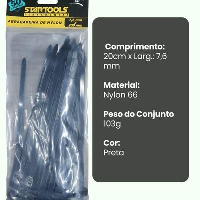 Abraçadeira De Nylon 20cm X 7,6mm Com 50 Unidades - Preta
