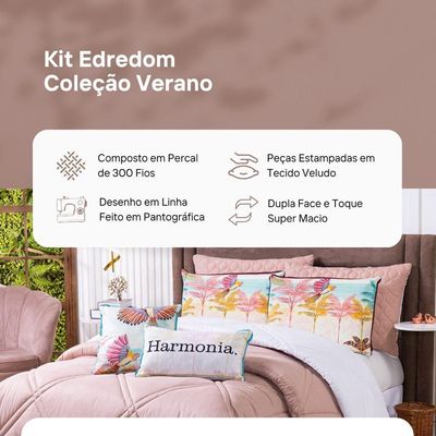 Kit Edredom Queen Verano Com Almofadas Estampadas 07 Peças - Dupla Face Percal 300 Fios Cor Arara