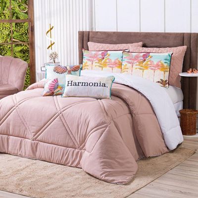 Kit Edredom Queen Verano Com Almofadas Estampadas 07 Peças - Dupla Face Percal 300 Fios Cor Arara