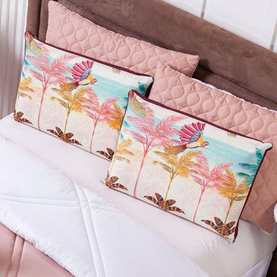 Kit Edredom Queen Verano Com Almofadas Estampadas 07 Peças - Dupla Face Percal 300 Fios Cor Arara