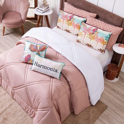 Kit Edredom Queen Verano Com Almofadas Estampadas 07 Peças - Dupla Face Percal 300 Fios Cor Arara