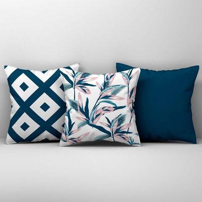 Kit Trio Capas De Almofadas Estampadas Em Veludo Suede 45cm X 45cm - Decoração Luxo Para Sala Cor Azul