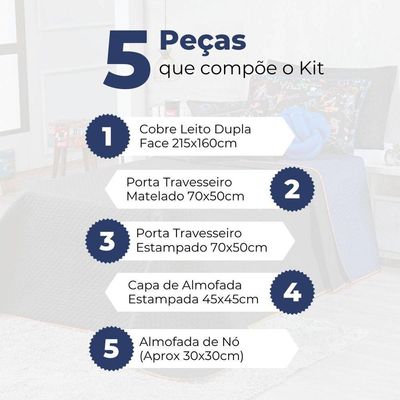 Kit Cobre Leito Colcha Solteiro Game Win Preto/azul Marinho Dupla Face Com Almofadas 05 Peças