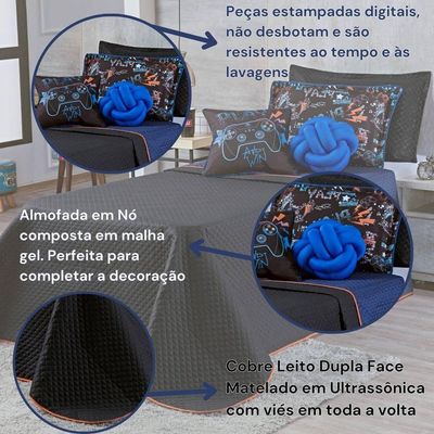 Kit Cobre Leito Colcha Solteiro Game Win Preto/azul Marinho Dupla Face Com Almofadas 05 Peças