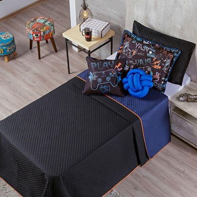 Kit Cobre Leito Colcha Solteiro Game Win Preto/azul Marinho Dupla Face Com Almofadas 05 Peças