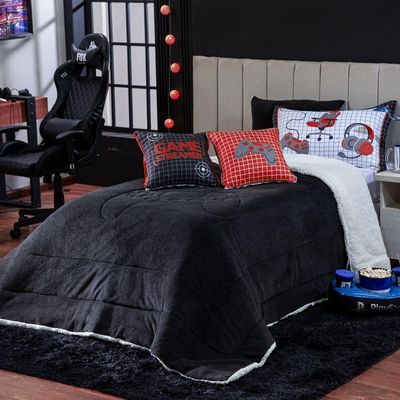 Kit Coberdrom Game Streamer Preto/vermelho Com Almofadas Estampadas Solteiro 04 Peças - Dupla Face Sherpa E Mantinha