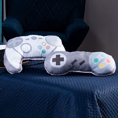 Kit Cobre Leito Colcha Solteiro Retro Game Controle Azul Marinho/preto Dupla Face Com Almofadas Estampadas 05 Peças