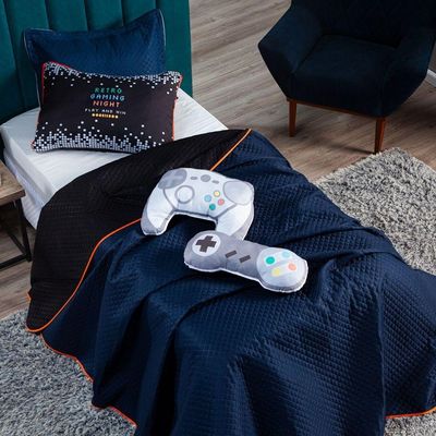 Kit Cobre Leito Colcha Solteiro Retro Game Controle Azul Marinho/preto Dupla Face Com Almofadas Estampadas 05 Peças