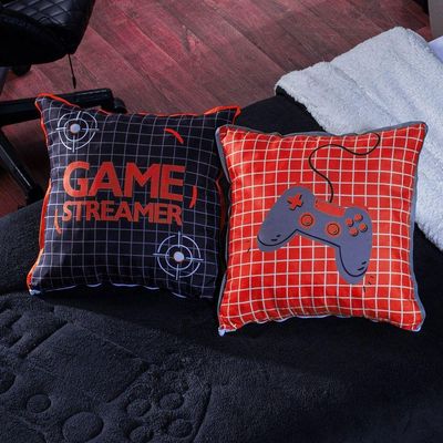 Kit Coberdrom Game Streamer Preto/vermelho Com Almofadas Estampadas Solteiro 04 Peças - Dupla Face Sherpa E Mantinha