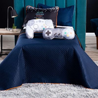 Kit Cobre Leito Colcha Solteiro Retro Game Controle Azul Marinho/preto Dupla Face Com Almofadas Estampadas 05 Peças