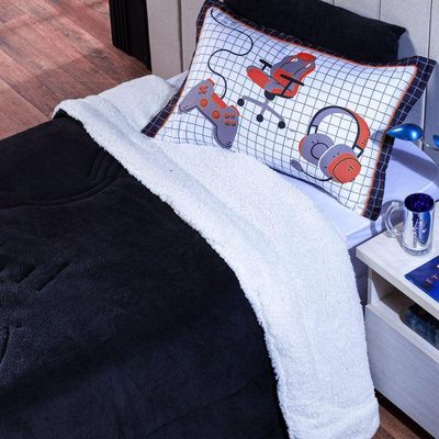 Kit Coberdrom Game Streamer Preto/vermelho Com Almofadas Estampadas Solteiro 04 Peças - Dupla Face Sherpa E Mantinha