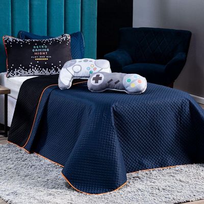 Kit Cobre Leito Colcha Solteiro Retro Game Controle Azul Marinho/preto Dupla Face Com Almofadas Estampadas 05 Peças